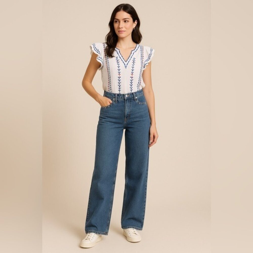 No Boundaries Y2K Mid Rise Baggy Wide Leg Jeans Studded Size 00 NWT - Picture 1 of 15